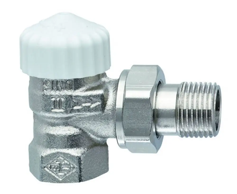Thermostatventilunterteil von IMI Hydronic Engineering in Eckform mit einem vernickelten Gehäuse und einem weißen Kunststoff-Drehknopf zur Temperaturregulierung.